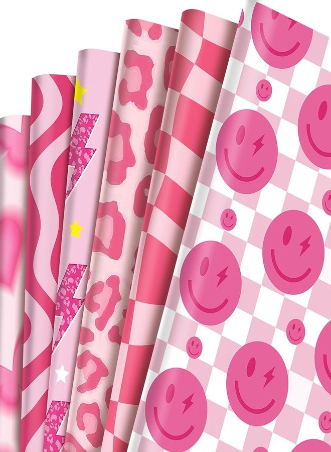 Bolsome 12 Sheets Preppy Themed Wrapping Paper, Pink Smiley Lightning Leopard Butterfly Pattern Gift Wrap Paper for Early 2000s y2k Bachelorette Wedding Party DIY Craft - Image 1